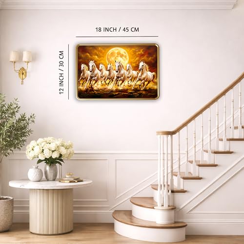 Image of XOPY Seven Running Horses with Golden Frame | Vastu 7 horses Raw Pyrite Painting for Home, Office & Living Room Wall Decore | 12X18 Inch Sparkle Laminated Frame | Best For Gifting (53307, 12X18)