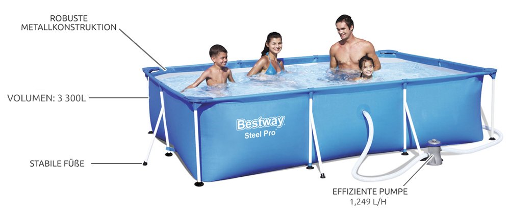 Bestway Steel Pro Stahlrahmenpool Set mit Filterpumpe, 3300 L, blau, 300 x 201 x 66 cm