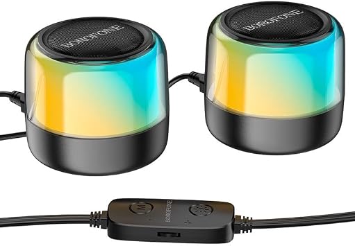 Coverzone Borofone Çiftli RGB Işıklı Kablolu veya Kablosuz Stereo Speaker Bluetooth Hoparlör Taşınabilir Hoparlör Ofis ve Ev TV ve Bilgisayar için Kablosuz Hoparlör BP12