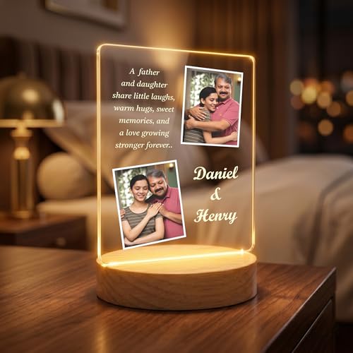 Image of Giftplease Fathers Day Personalized Rectangle Acrylic LED Frame - Custom 2 Photo Wooden Stand Tabletop Showcase For Grandpa Birthday, Dad, Stepdad, Husband Anniversary Meaningful Keepsake