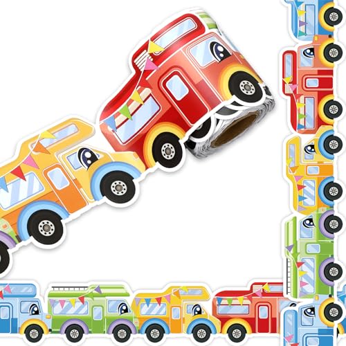 Image of Whaline 32.8ft Campervan Bulletin Board Border Colorful Cartoon Car Die-Cut Rolled Border Trim for Camping Party Chalkboard Decoration