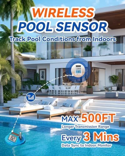 Image of BALDR Solar Pool Thermometer Floating Easy Read Large Dual LCD IPX8 | 0.9F Accuracy Wireless Pool Thermometer with Indoor Display Water Temperature Monitor 500FT for Pool, Pond, Hot Tub, Spas