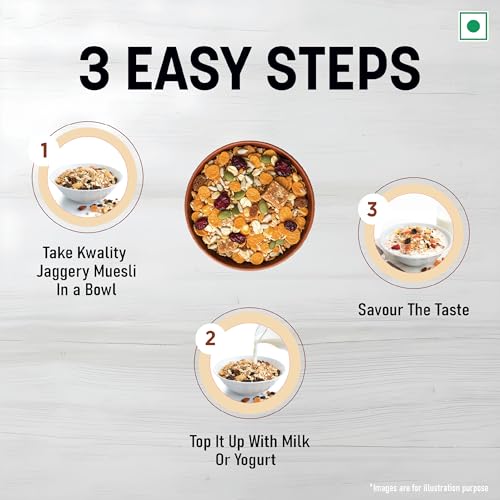 Image of Kwality Muesli Jaggery, Fruits, Seeds & Crunch 400g | Goodness Millets Brown Rice & Oats | 66% Multi Grain Mix Natural Sweetener | High-Fibre, Multigrain Breakfast Cereal with Crunch & Nutrition | Natural sweetner Jaggery