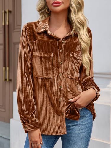 Cicy Bell Womens Velvet Button Down Shirt Casual Long Sleeve V Neck Collared Tops Fall Shacket Jacket with Pockets2