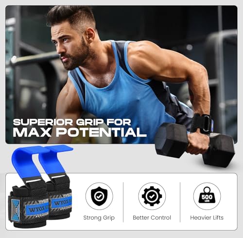 Image of WYOX Weight Lifting Hooks for Men & Women - Heavy Duty Gym Hooks with 8mm Padded Wrist Support Grips to Lift Heavier, Reduce Grip Fatigue & Improve Performance for Deadlifts, Pull Ups & Rows, Pair of 2