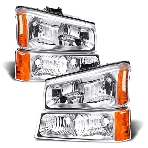 ADCARLIGHTS 2003-2006 Silverado Headlight Assembly for 03-06 Chevy Silverado Avalanche 1500/2500/3500 Clear Lens Chrome Housing with Amber Reflector Headlamp Replacement Left and Right