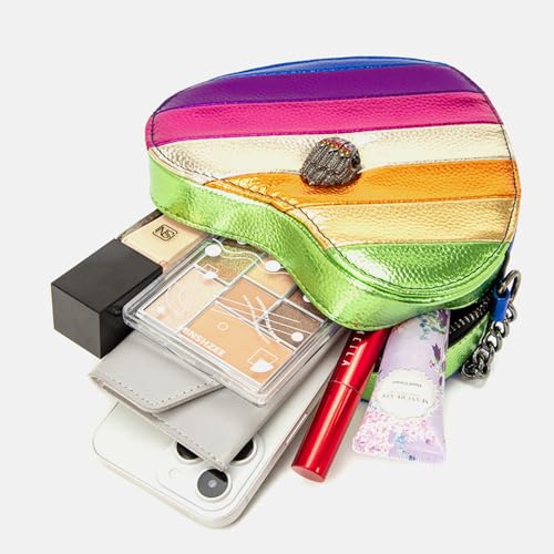 Image of Rejolly Rainbow Stripe Heart Shaped Purse for Women Crossbody Bag Metallic PU Leather Shoulder Bag