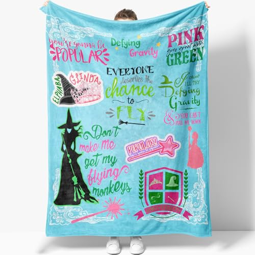 50'' x 40'' Elphaba Hat Glinda Witch Blue Flannel Blanket, Magic Movie Land Blanket, Evil Gift Queen Throw Broom, All Seasons Warm Cozy Soft Blanket for Sofa Bed Halloween Women Girls Fans 2