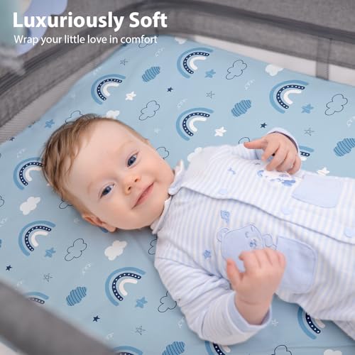 Image of Baby Bedside Bassinet Sheets Fitted, 33 inchx20 inch Compatible with Baby Delight Dream On Me & Most Rectangle Bedside Sleeper Bassinet Mattresses, Super Soft Microfiber Blue Cloud Animal