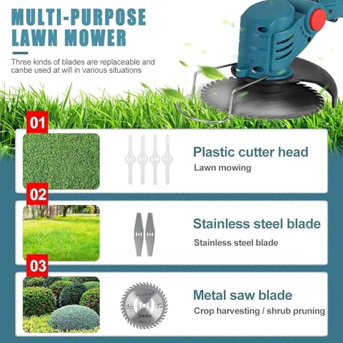 Image of Electric Wireless Rechargeable Edge Cutter 48V - 25cm Cutting Width | 2-in-1 Mower & Trimmer | Adjustable Height | 3 Blade Types | Lightweight & Portable | Lawns & Gardens (Blue)