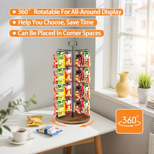 Wenfubrixa Chip-Rack, Präsentationsständer, 4 Etagen, 64 Clips, Snack-Bar-Organizer für Arbeitsplatte, 360° drehbares Snackregal, Süßigkeiten-Display-Halter, Chip-Aufbewahrungsstation für Speisekammer