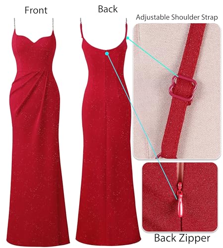 Image of VFSHOW Womens Sexy Formal Ruched Fitted High Slit Bodycon Maxi Dress Spaghetti Strap Sweetheart Cocktail Prom Evening Gown