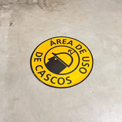 Tradesafe Spanish Hard Hat Area Anti-Slip Floor Sticker - Área De Uso De Cascos Caution Sign, Peel And Stick Adhesive Vinyl Sign, Ansi-Compliant, 17” Diameter Round Sticker #TOP5