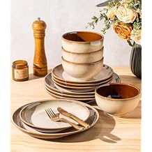 LERATIO Stoneware Dinnerware Sets for 4, 12 Pieces Ceramic Plates and Bowls Sets, Scratch Resistant Dish Set, Oven, Microwave & Dishwasher Safe-Kahki