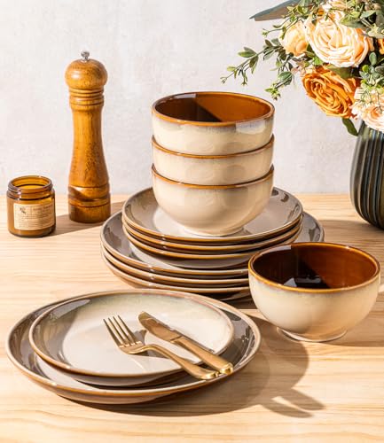 Image of LERATIO Stoneware Dinnerware Sets for 4, 12 Pieces Ceramic Plates and Bowls Sets, Scratch Resistant Dish Set, Oven, Microwave & Dishwasher Safe-Kahki
