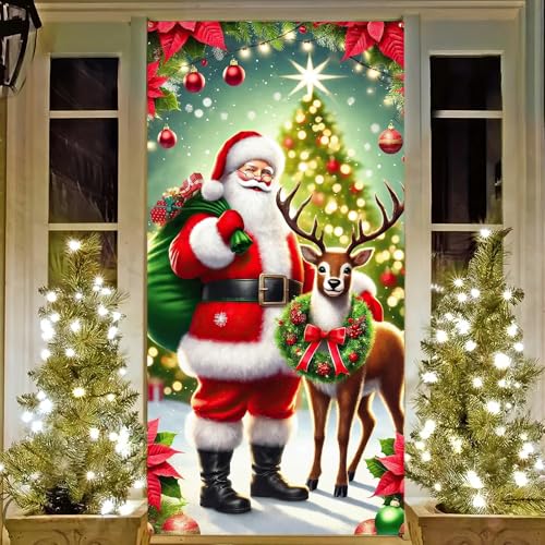 Image of BlissYard Christmas Door Banner Santa Reindeer 35x71 Inch Polyester