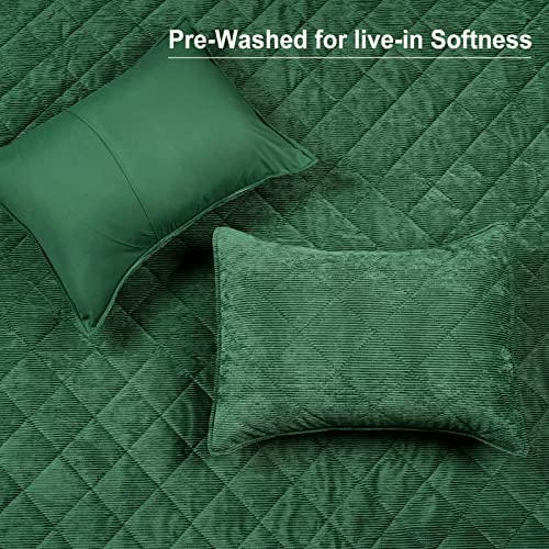 Phf Luxurious Velvet Corduroy Quilt Set Twin Size, 2Pcs Extreme Soft Geomerty Coverlet Set, 1 Bedspread 68" X 90" And 1 Pillow Case 20" X 26", Emerald Green #TOP4