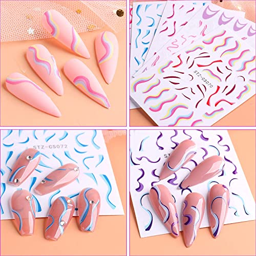 8Sheets Line Nail Stickers Spring Wavy Decals 3D Self-Adhesive Colorful Wave Stripe Lines Nail Supplies, French Nail Art Stickers For Women Acrylic Nails Decoration #TOP3