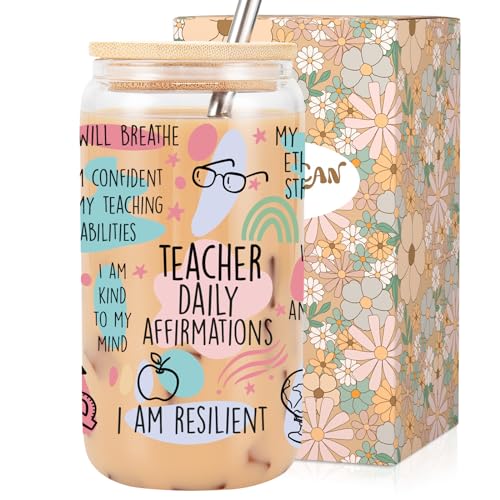 LEADO Affirmations Cup, 16 oz Iced Coffee Glass Tumbler - Teacher Appreciation Gifts - Funny Mothers Day, Birthday, Thank You Gifts for Teachers, Mentors - Daily Affirmations Cup for Women, Men