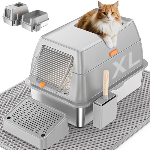 PEDIBAT Stainless Steel Cat Litter Box with Scoop, Metal Litter Box High Sided, Cat Litter Box Enclosure, XL Extra Large High-Sided Litter Boxs (Anti-Urine Leakage, Include Scoop) (Grey)