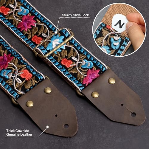 Nefelibata Guitar Strap,Jacquard Embroidery Cotton Guitar Straps with Crazy Horse Leather Ends for Bass Electric & Acoustic - Image 3