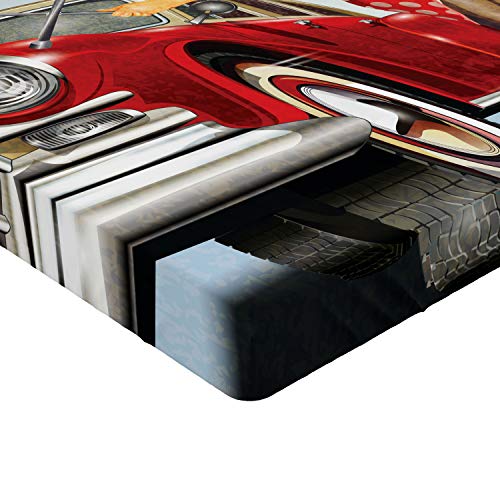 Ambesonne Pin up Girl Fitted Sheet, Retro Girl with Polka Dot Patterned Midi Skirt Fixing Classic Red American Car, Bed Cover with All-Round Elastic Deep Pocket for Comfort, King Size, Red Blue