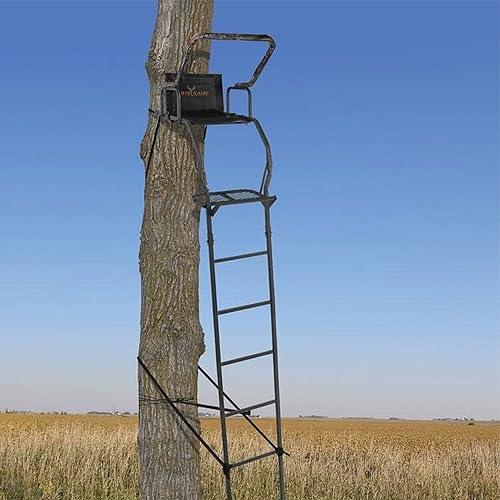 BIG GAME 1-Person Ladder Tree Stand for Hunting Deer, Flex-Tek Seat, Black - Adjustable Climbing Treestand with Platform and Safety Harness for Shooting