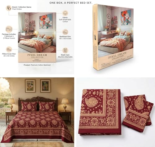 Image of BSB HOME Premium Cotton Double Bedsheet with 2 Pillow Covers, 240 TC Soft Breathable, Skin Friendly & Hypoallergenic, Jaipuri Printed (90 x 100 Inches) (Kalki Print - Deep Maroon)