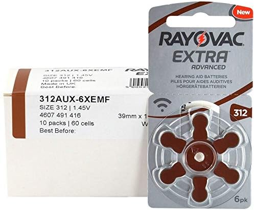 Rayovac Extra Advanced Hearing Aid Batteries, Size 312, Brown Tab, PR41, Pack of 60