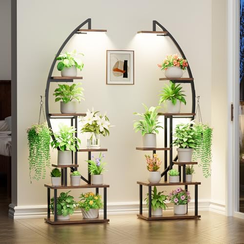 Plant Stand Indoor with Grow Lights: Large Plant Shelf for Multiple Plants, 2 Pack Plant Shelves 7 Tiered, Lighted Corner Flower Stands Half Moon, Black Plant Holders Indoor Tall for Living Room Patio