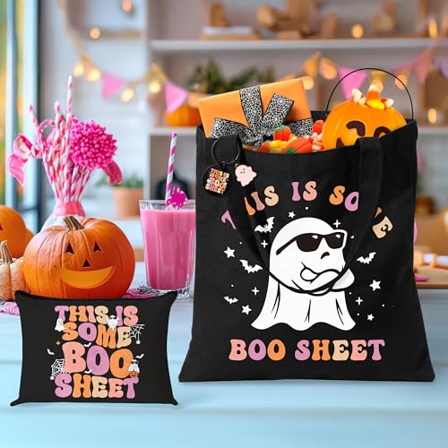Halloween Ghost Canvas Bags - 3Pcs This Is Some Boo Sheet Funny Canvas Cosmetic Pouch Tote Bag Keychain, Reusable Grocery Fold Shopping Bag, Halloween Boo Basket Ghost Gift for Party Birthday2