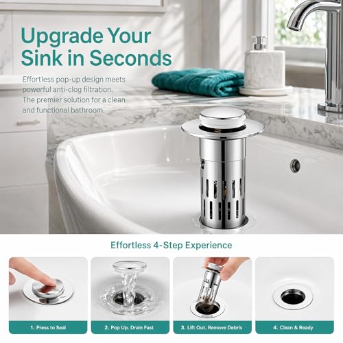 Image of Stainless Steel Bathroom Sink Stopper - Universal Pop-up Drain Stopper with Hair Catcher, Anti-Clog Sink Drain Strainer for Bathroom, Kitchen, RV