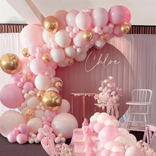 Image of PartyWoo Pink and White Balloon Arch Kit Garland 140pcs Different Sizes of 18 12 10 5 Inch Light Pastel Baby Pink Metallic Gold Confetti White Balloons for Baby Shower Birthday Party Decorations