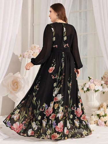 Image of Spring Summer 2024 Plus Size Womens Dresses V Neck Casual Elegant Long Sleeve Floral Print Maxi Dress