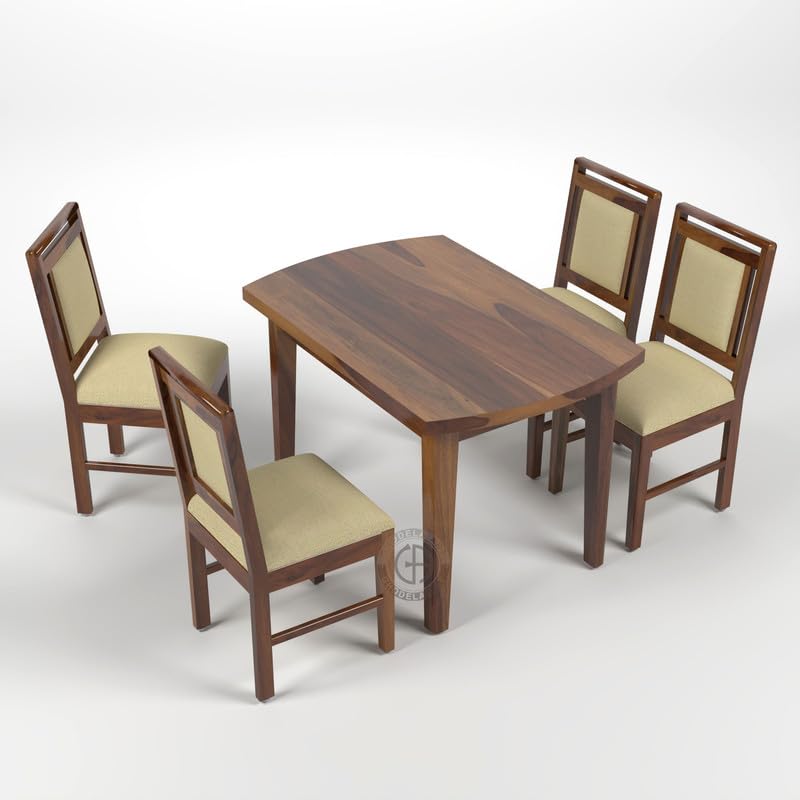 Image of Sheesham Wood Oval Dining Table with Cushion Chairs Set for Home Hall | Solid Wood Dinner Table with Chairs for Hotels | Dining Room Sets (Natural Finish 1, 4 Seater)