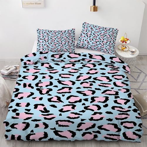 Housse de couette 160x200 bleu imprimé léopard avec 2 taies d'oreiller