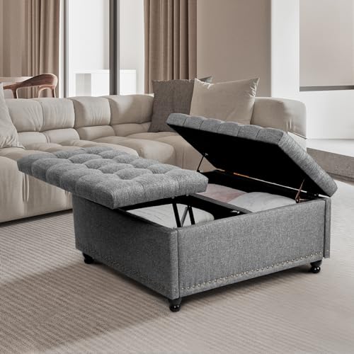Generico Tavolino con Ottoman Contenitore, 89.9 cm Grande Ottoman Quadrato con Spazio di Archiviazione, Pouf con Contenitore Imbottito per Soggiorno (Grigio scuro)