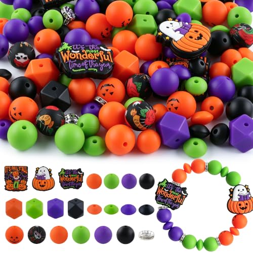 Sunrony 105Pcs Mixed Orange Purple Halloween Focal Silicone Beads for Keychains Making Rhinestone Spacer Hexagon Lentil Silicone Beads for Pens Crafts and Necklace Bracelet