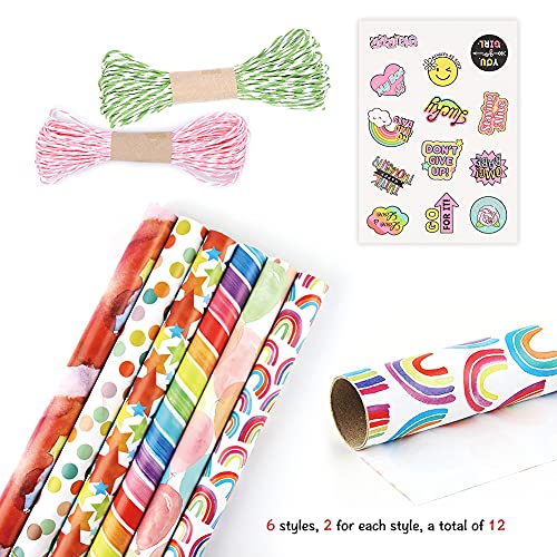 Apol Gift Wrapping Paper Birthday,Rainbow Pink Folded Gift Wrap Set 20 X 28 Inches Per Sheet (12 Sheets: 47 Sq. Ft. Ttl.) W/String And Sticker For Bridal Baby Shower Wedding Graduation And More #TOP2