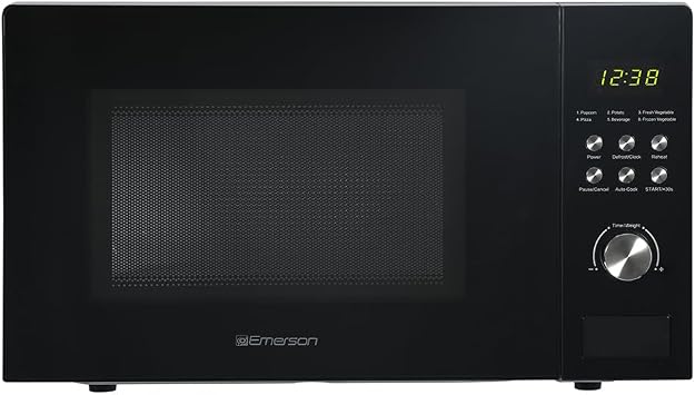 Emerson MW1101B-A Countertop Microwave Oven with Button Control, LED Display 1000W, 10 Power Levels, 6 Auto Menus, Glass Turntable and Child Safe Lock, 1.1 Cu. Ft., Black