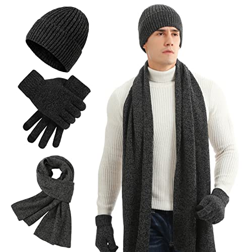 Micacorn Chapeau Gants Écharpe Ensemble pour Homme 3 en 1 Hiver Ensemble Thermique Doublure Épaissie Tricoté Pile Chapeau Écran Tactile Gants Chaud Longue Écharpe pour L'hiver En Plein Air Cover