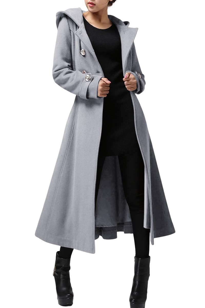 Cicy Bell Womens Long Double-Breasted Hooded Coat Winter Warm Wool Trench Coat with Belts
