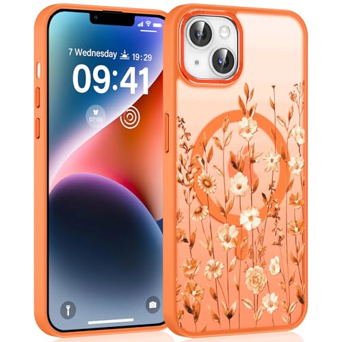 Coiwxmoi Cover Magnetica per iPhone 14/iPhone 13 6,1', Aesthetic Fiori Disegno Ragazze Custodia Compatibile con MagSafe, Traslucida Matte Sottile TPU Hard PC Antiurto Protettiva Case, Arancione 01