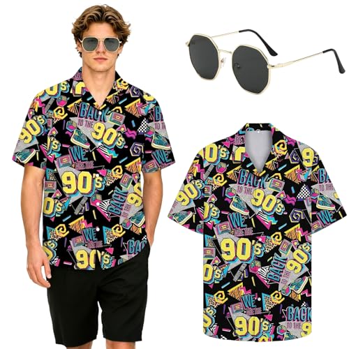 Camisas havaianas para homem, anos 80 e 90, camisa havaiana de manga curta e óculos, disfarce de anos 80 para homem, camisa de manga curta anos 80 para férias de verão informais, festas, carnaval