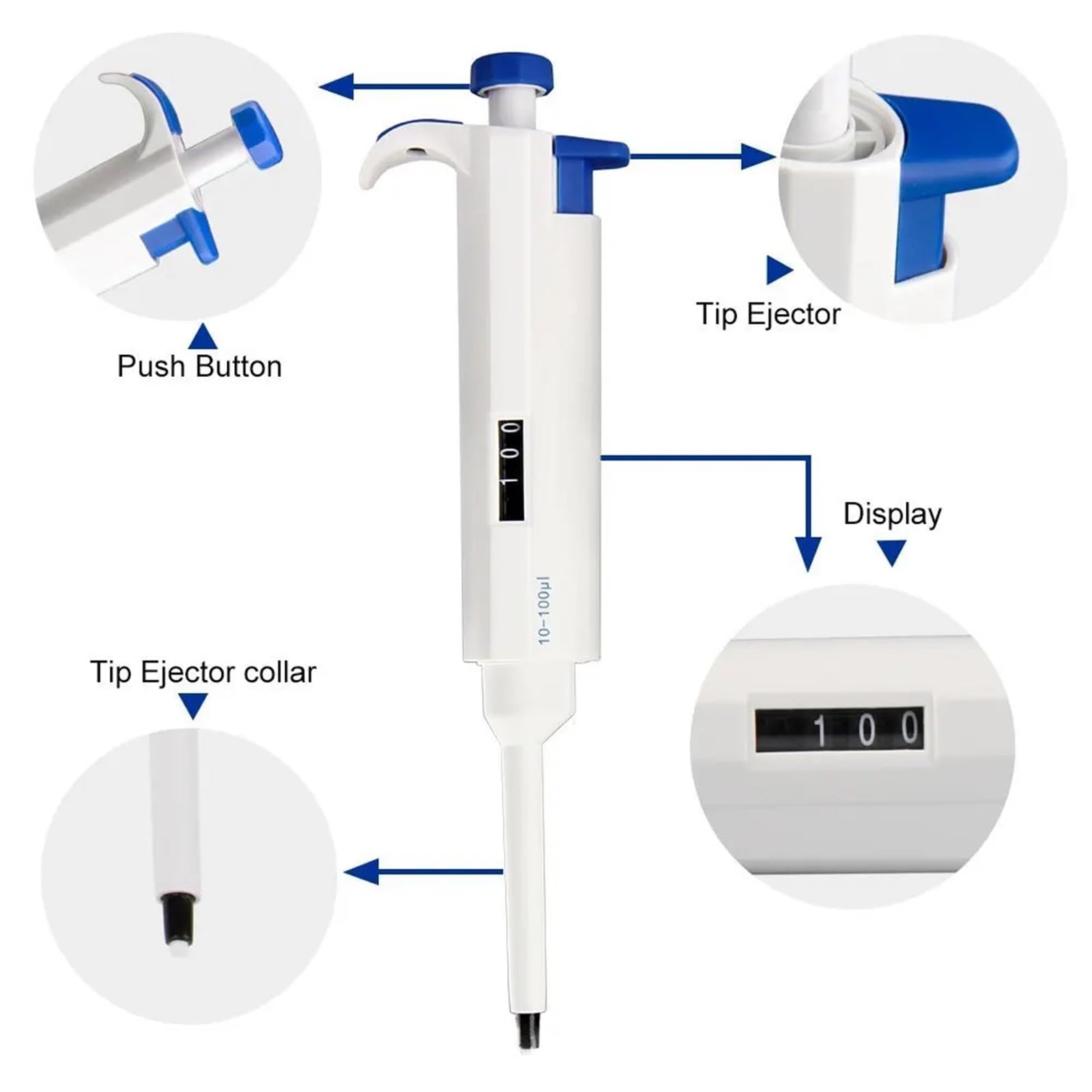 Pipeta electrónica - Pipetas monocanales de volumen variable ajustables de 10 a 100 µL