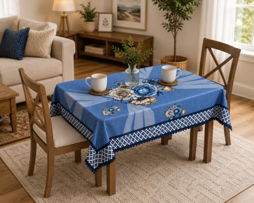 Image of Floral Dining Table Cover for 4 Seater | 58 x 38 Inch Rectangle Polyester Table Cloth | Washable Fabric Table Cover for Dining Table | Dust & Scratch Protection | Sky Blue