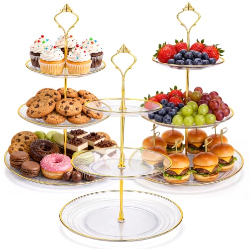Image of Goaste 3 Pack 3 Tier Cupcake Stand, Clear Plastic Round Tiered Serving Stand with Gold Rim, Reusable Dessert Pastry Tower Tray, Candy Buffet Holder for Wedding Birthday Baby Shower Tea Party Decor