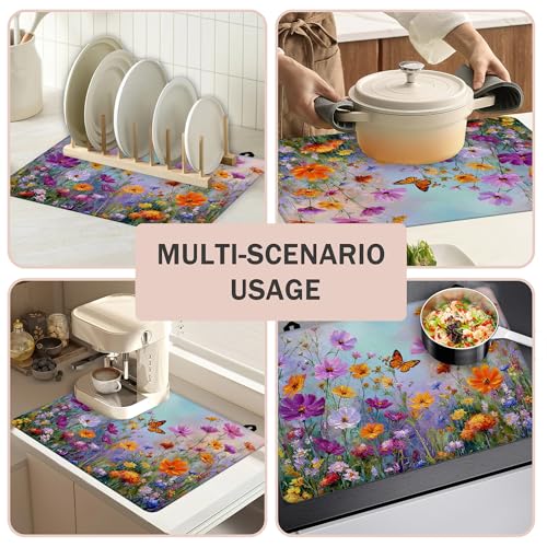 Image of Colorful Flowers Butterflies Stove Top Covers Pad 28 x 20 inches Dish Drying Mat Coffee Bar Mats Kitchen Decor Absorbent Pad Fit Coffee Maker Machine Dish Drying