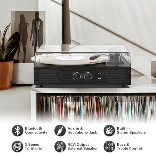Image of Vinyl Record Player with Built-in Speakers 3-Speed Vintage Record Player Support Treble& Bass Control, 3.5mm Headphone Jack, RCA-Out /Aux in, Belt-Driven LP Turntable,Black Wood