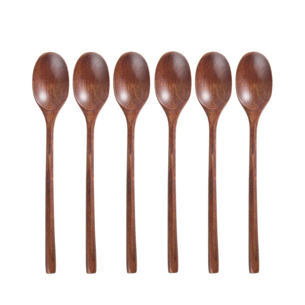 Cucharas de té, cucharas de postre, 6 piezas de cuchara de madera for comer, mezclar, revolver, cocinar, cucharas de sopa, cuchara de mango largo con utensilios de cocina de estilo japonés, cucharas d